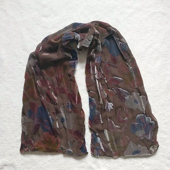 Elaine Gold Collection XIIX Scarf Brown Floral Silk Blend Velvet Burnout Fairy - Picture 1 of 7